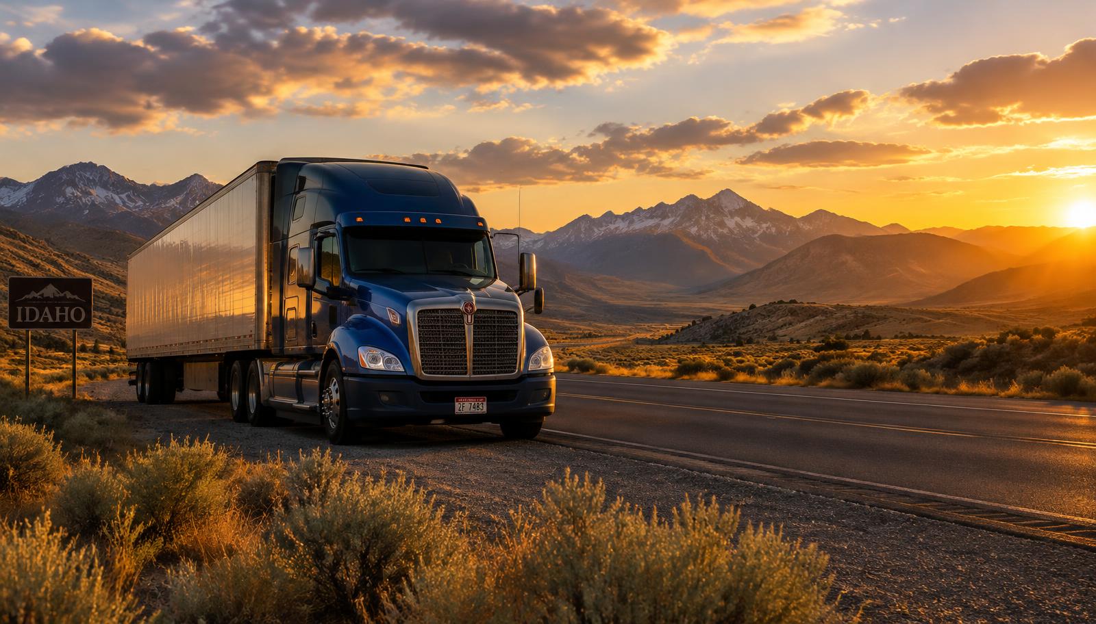 Semi truck on a high desert highway at sunset